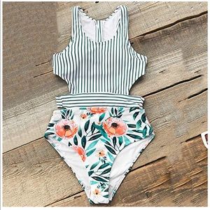 One piece swimsuit cut out zip up